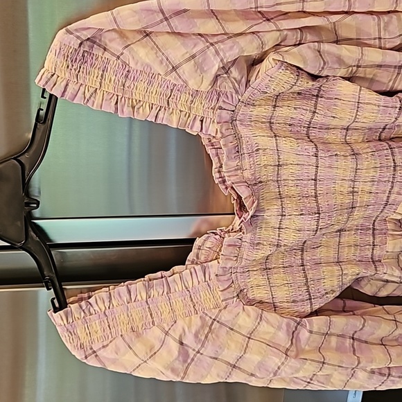 💕GANNI💕 Smocked Seersucker Plaid Top ~ Orchid Bloom Checked Print 44 EU NWT - Picture 13 of 16